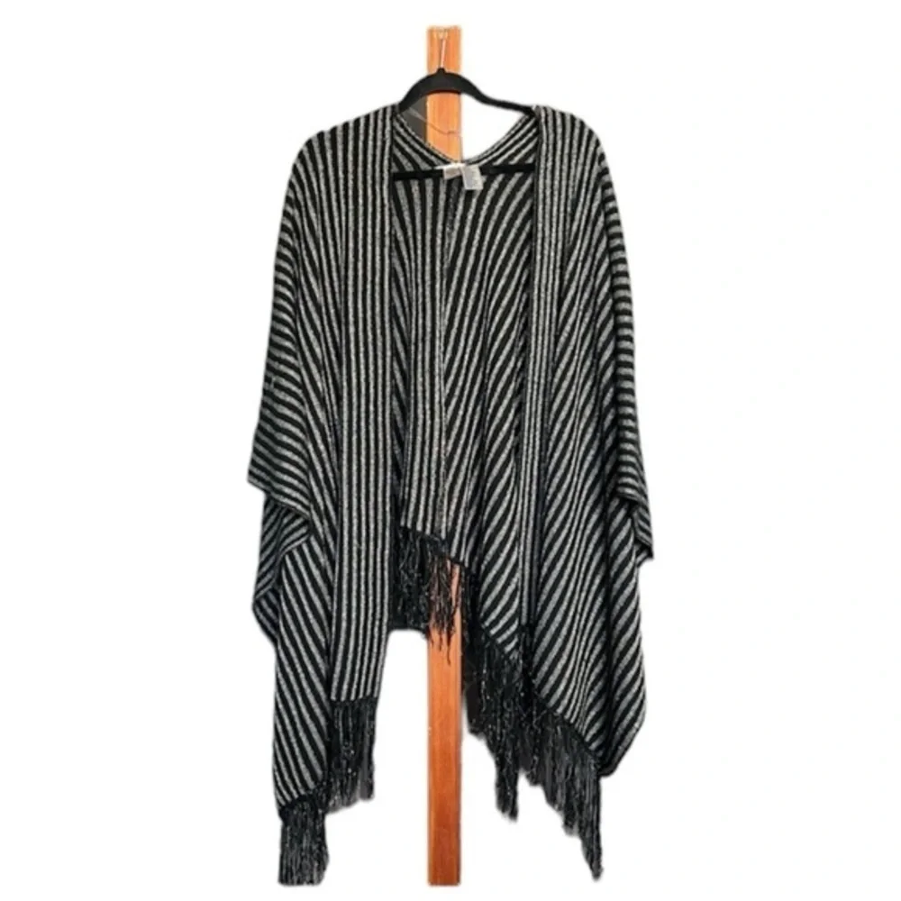 Peter Nygard Black and Gold Striped Fringe Shawl Wrap One Size - Picture 2 of 4